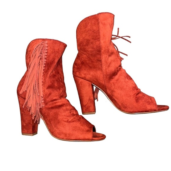 NEW ASOS Red Elaine Fringed Peep Toe Booties - Picture 4 of 11